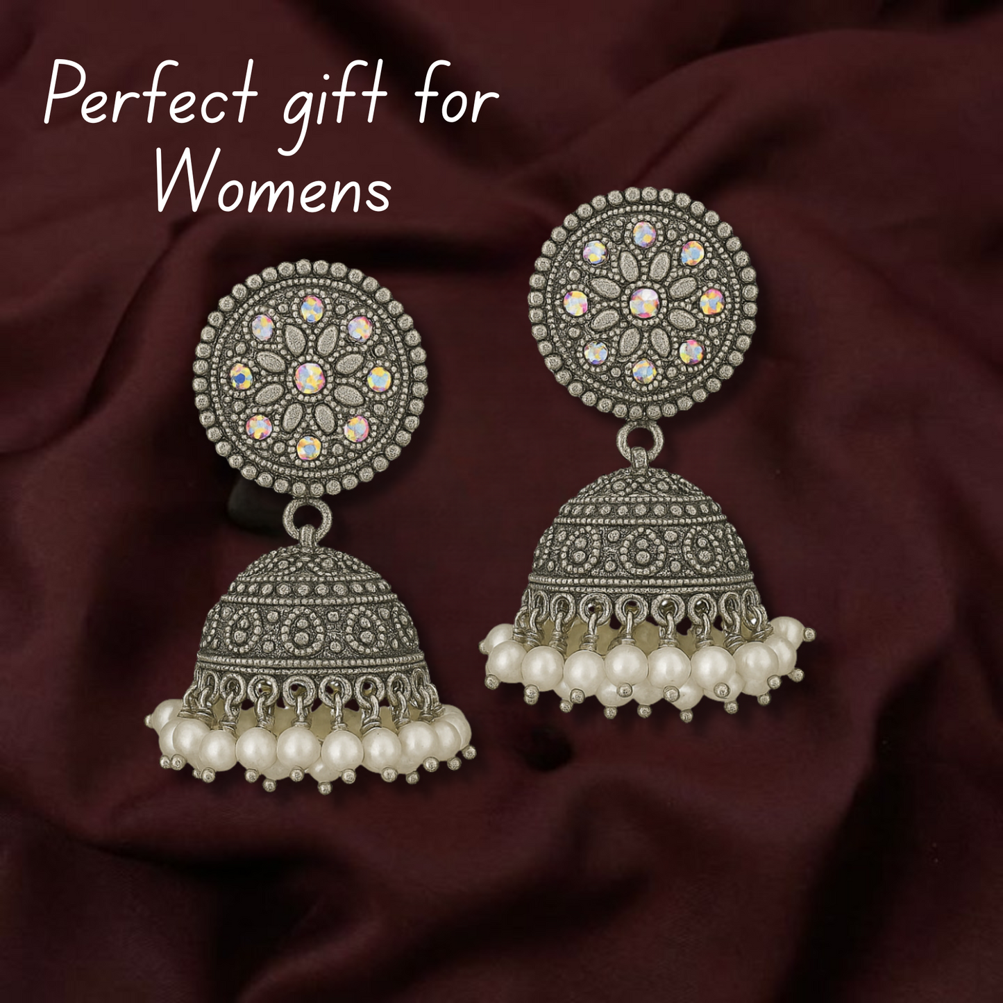 Oxidized Earrings Stones Style White Pearls Metal Silver Palted Oxidized Jhumka Jhumki Earrings For Girls & Women (Silver)(PACK OF 1)
