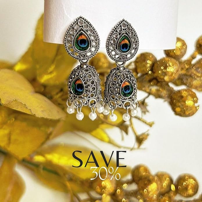 Morepankh Radha Krishna oxidised Jhumka Earrings with Peacock Feather Studs Pack of 1