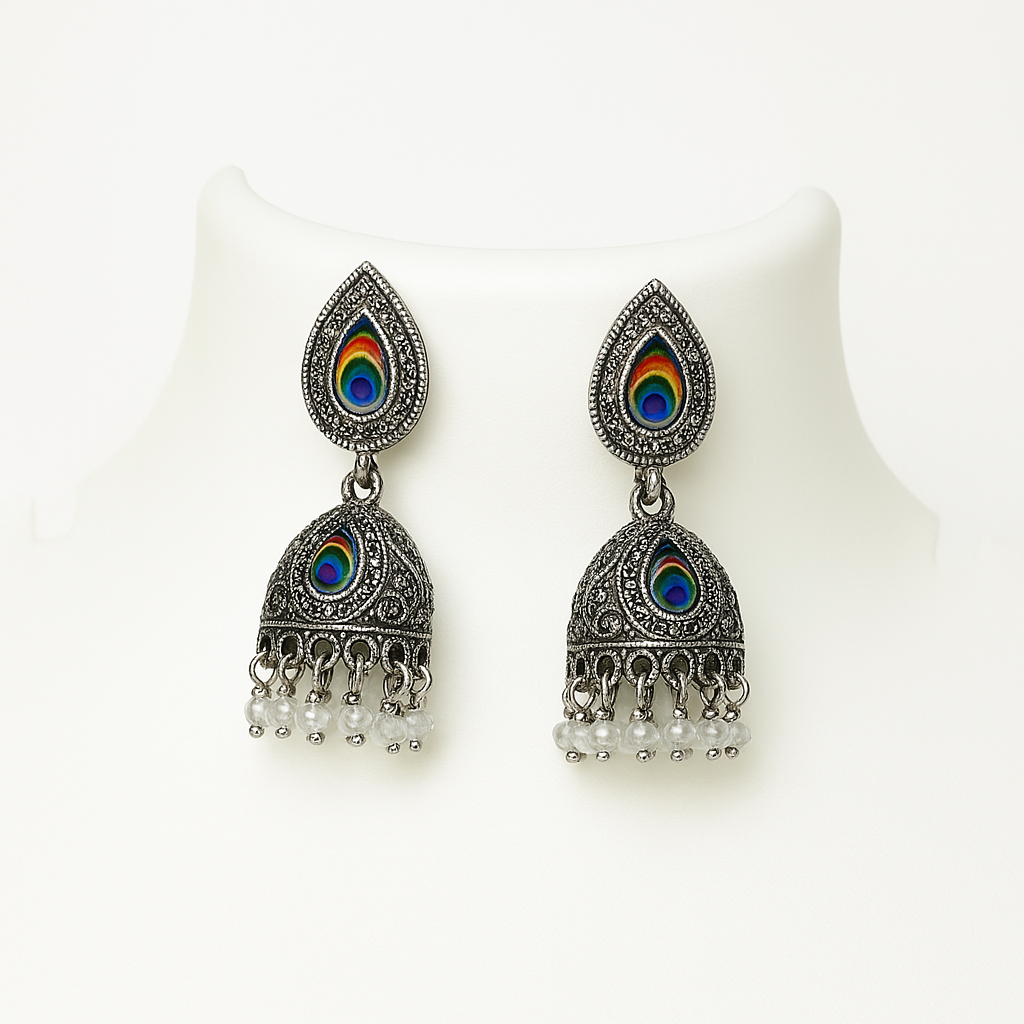 Morepankh Radha Krishna oxidised Jhumka Earrings with Peacock Feather Studs Pack of 1