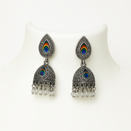 Morepankh Radha Krishna oxidised Jhumka Earrings with Peacock Feather Studs Pack of 1