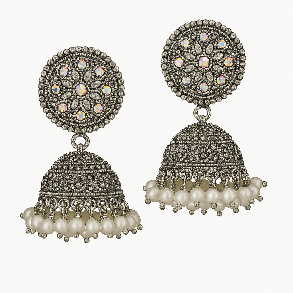 Oxidized Earrings Stones Style White Pearls Metal Silver Palted Oxidized Jhumka Jhumki Earrings For Girls & Women (Silver)(PACK OF 1)