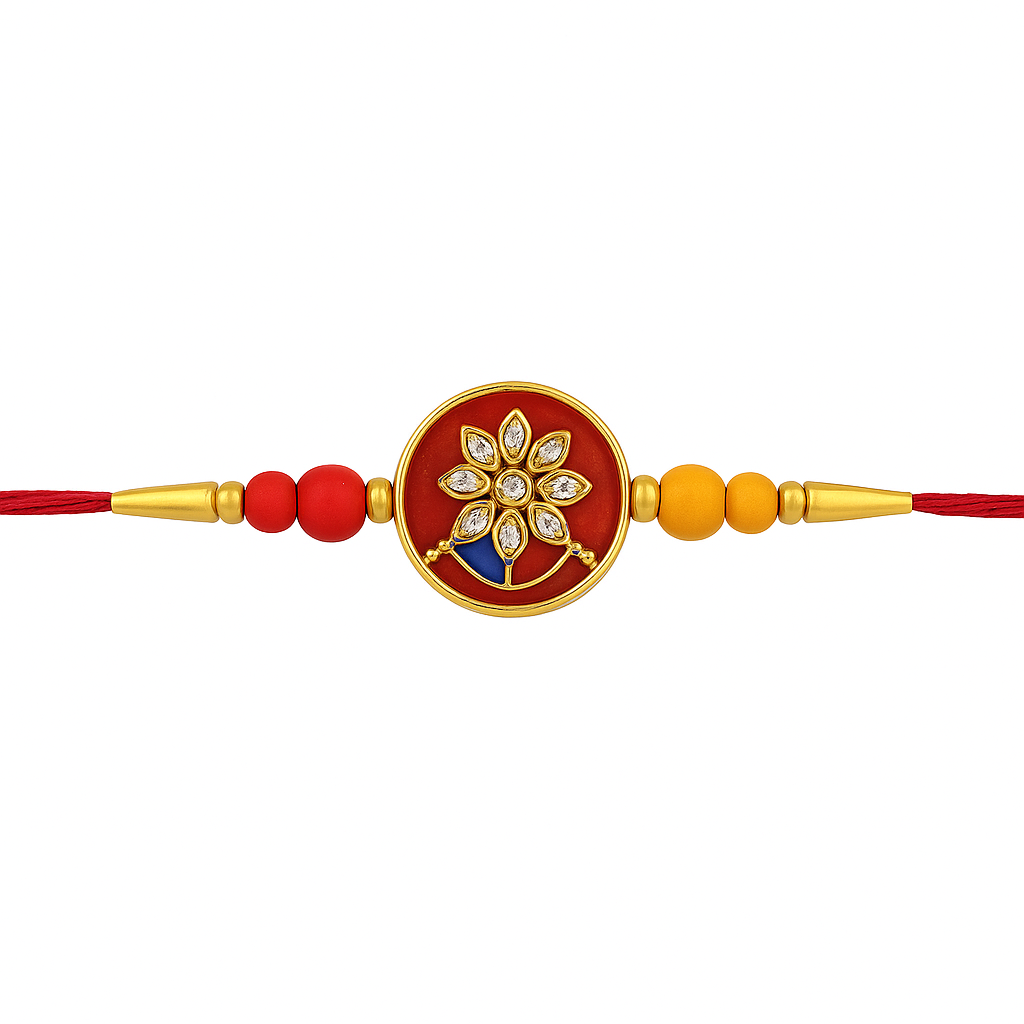 Sripik Glorious Gold Plated Auspicious and Diamond Ring Rakhi with Roli Chawal and Greeting Card | Rakhi for bhaiya | rakhi for men Plated Premium Rakhi for Brother