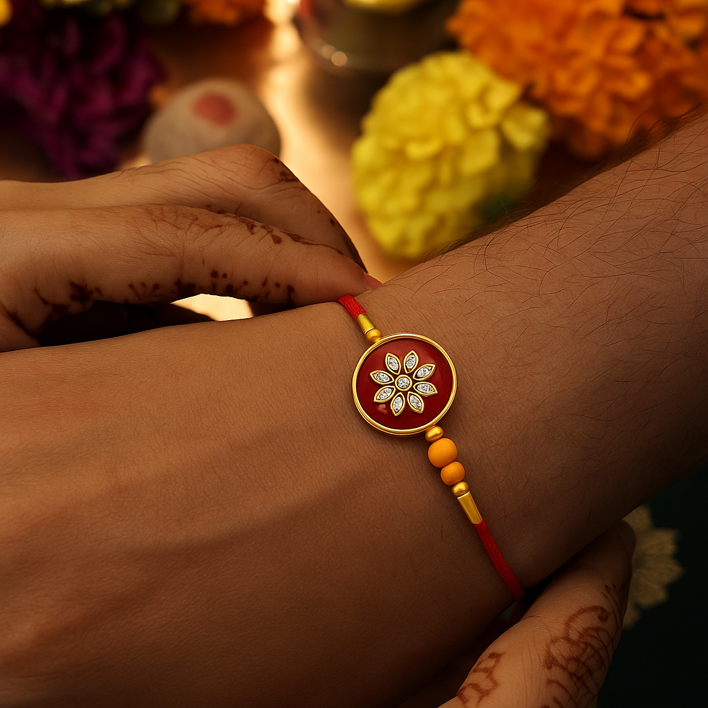 Sripik Glorious Gold Plated Auspicious and Diamond Ring Rakhi with Roli Chawal and Greeting Card | Rakhi for bhaiya | rakhi for men Plated Premium Rakhi for Brother
