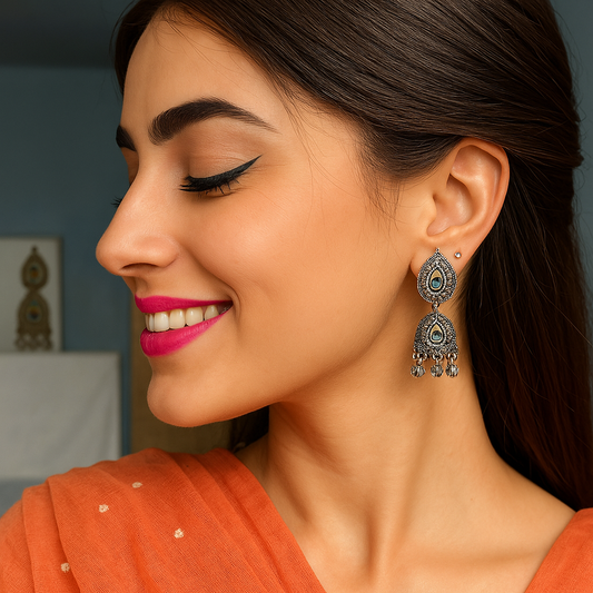 Morepankh Radha Krishna oxidised Jhumka Earrings with Peacock Feather Studs Pack of 1