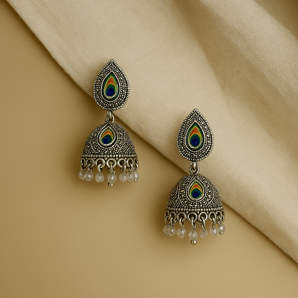 Morepankh Radha Krishna oxidised Jhumka Earrings with Peacock Feather Studs Pack of 1