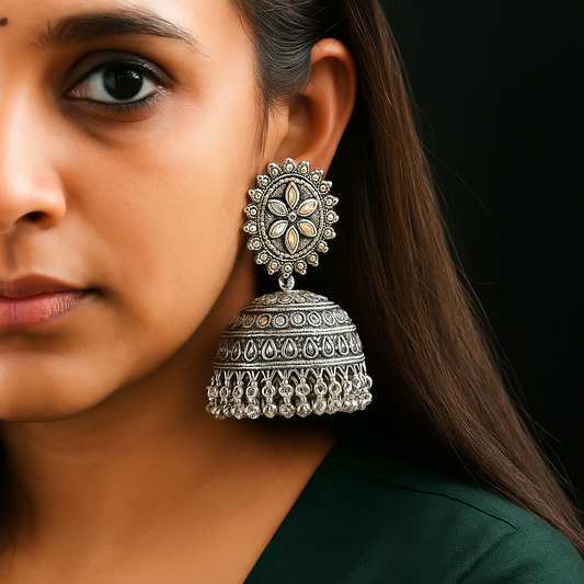 Oxidized Earrings Stones Style White Pearls Metal Silver Palted Oxidized Jhumka Jhumki Earrings For Girls & Women (Silver)(PACK OF 1)