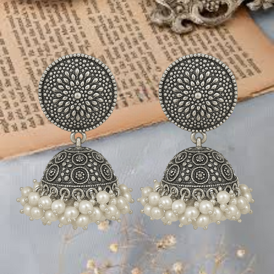 Oxidised Silver Plated Traditional Jhumka Earrings for Women & Girls | Beaded Brass Jhumki | Pack of 1 | Colour - Silver