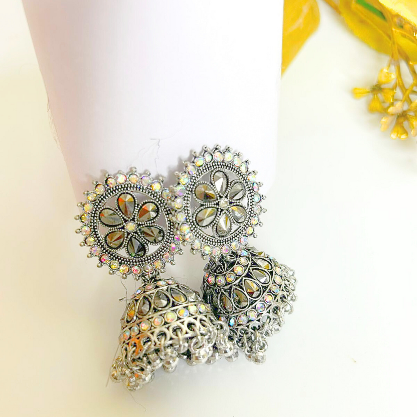 Oxidized Earrings Stones Style White Pearls Metal Silver Palted Oxidized Jhumka Jhumki Earrings For Girls & Women (Silver)(PACK OF 1)