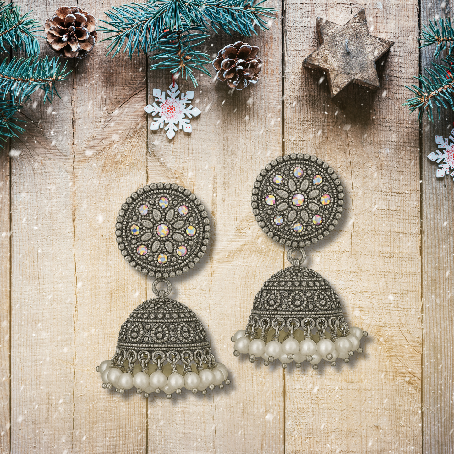Oxidized Earrings Stones Style White Pearls Metal Silver Palted Oxidized Jhumka Jhumki Earrings For Girls & Women (Silver)(PACK OF 1)